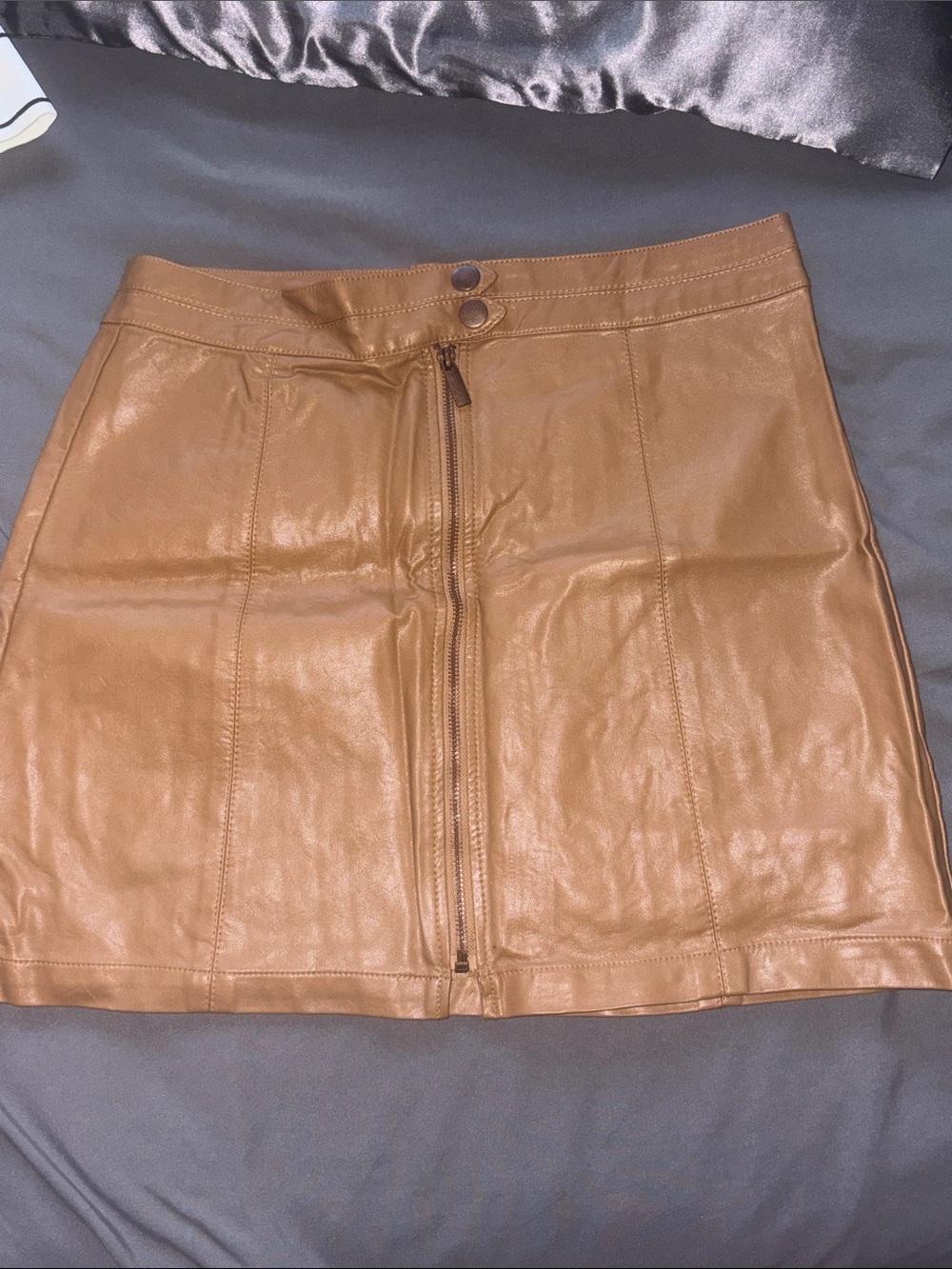 Brown Faux Leather Zip-Front Mini Skirt